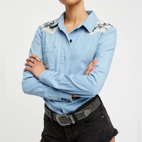 Free People Meet Me In Marfa Denim Button Down Shirt - Picture 2 of 10